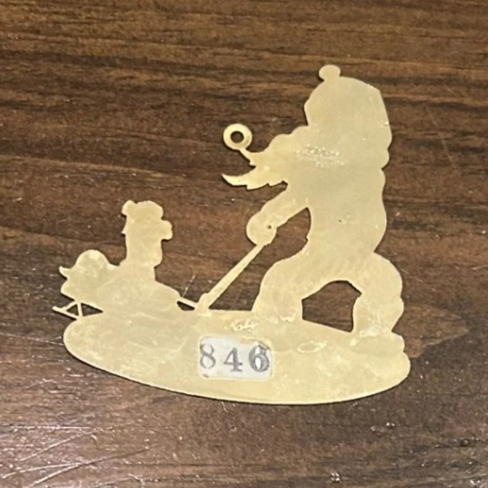 Vintage Gold Christmas Tree Ornament Boy Pulling Dog Sled Gift‎ Engraved Gary